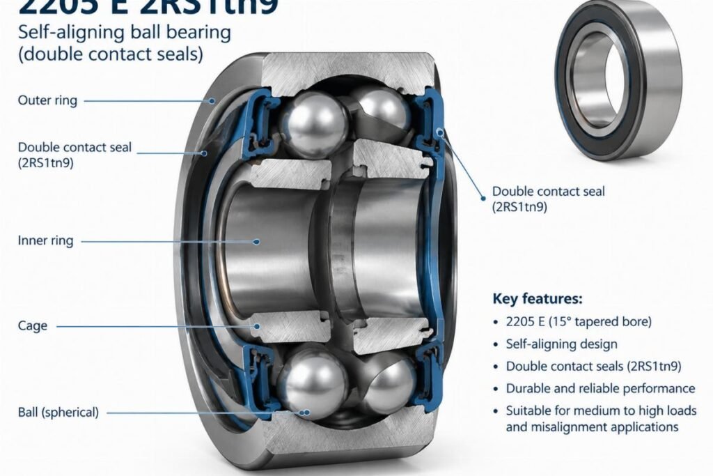 2205 E 2RS1tn9 self-aligning ball bearing cross-section showing double contact seals