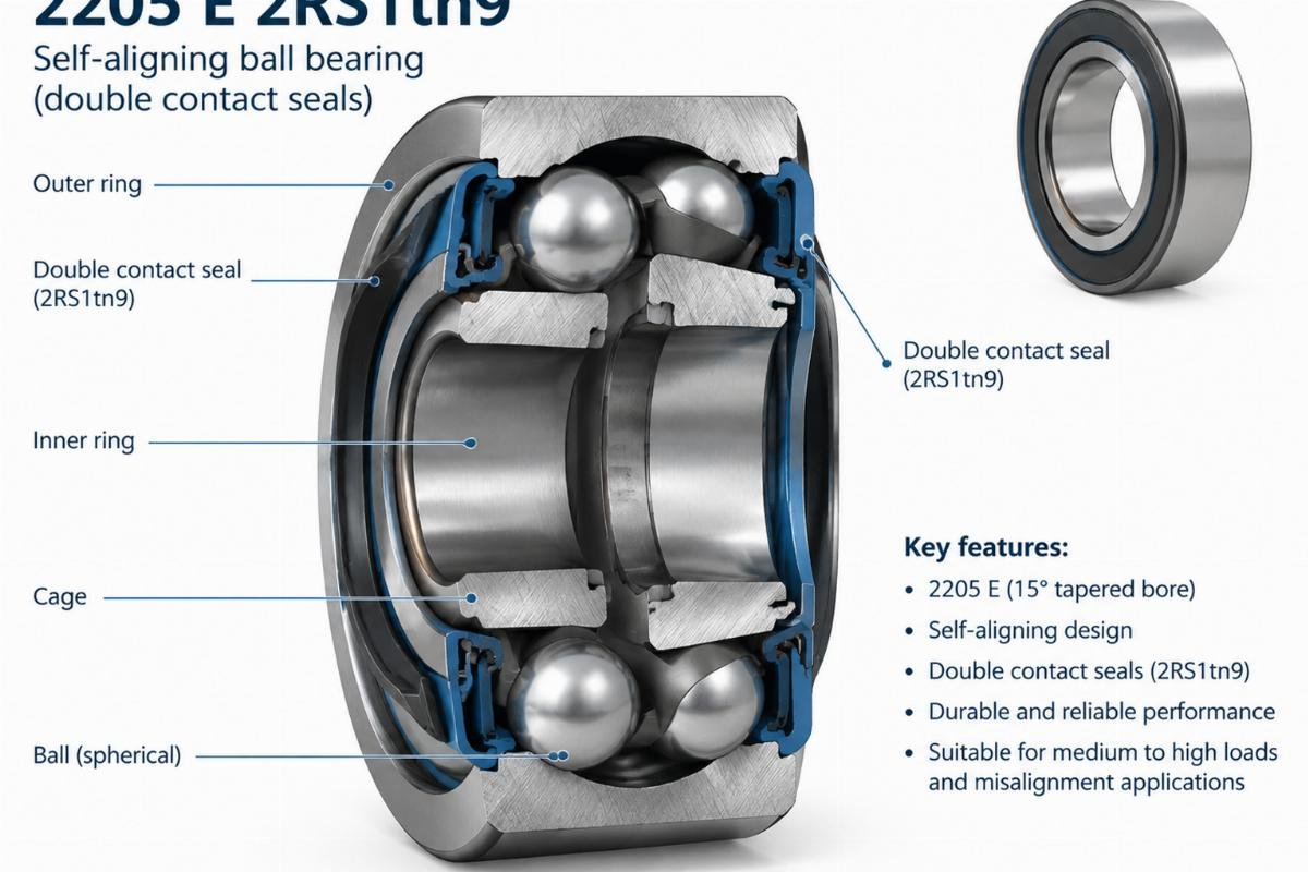 2205 E 2RS1tn9 self-aligning ball bearing cross-section showing double contact seals