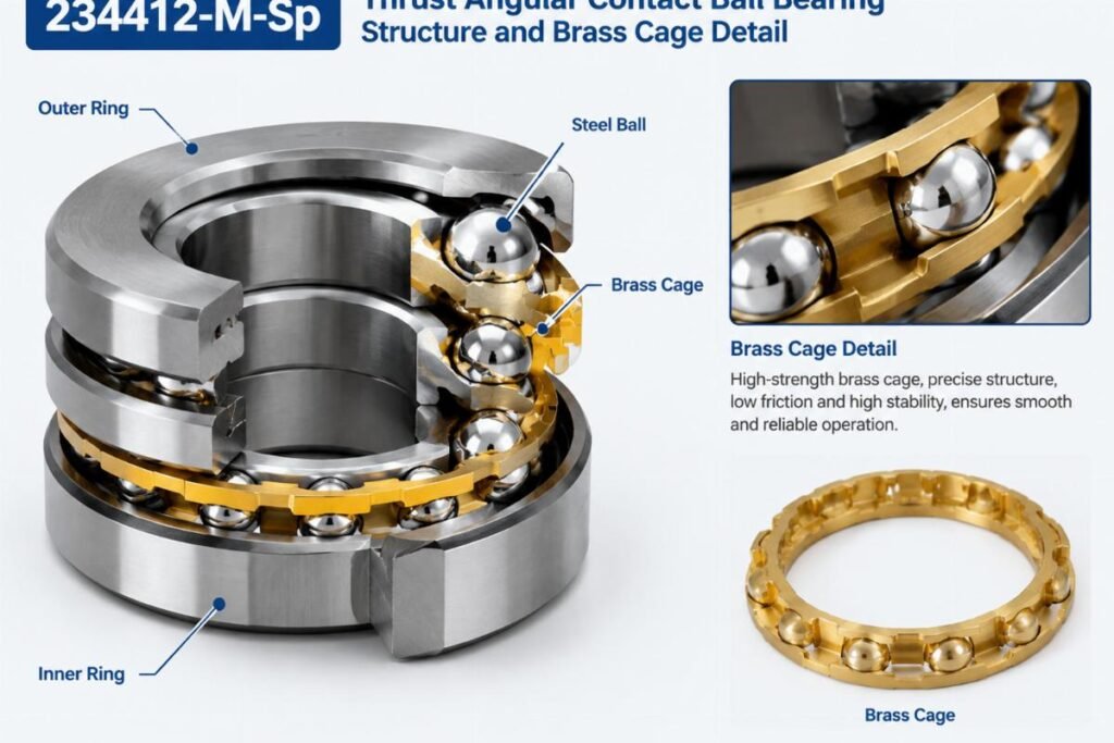 234412-M-Sp thrust angular contact ball bearing structure and brass cage detail