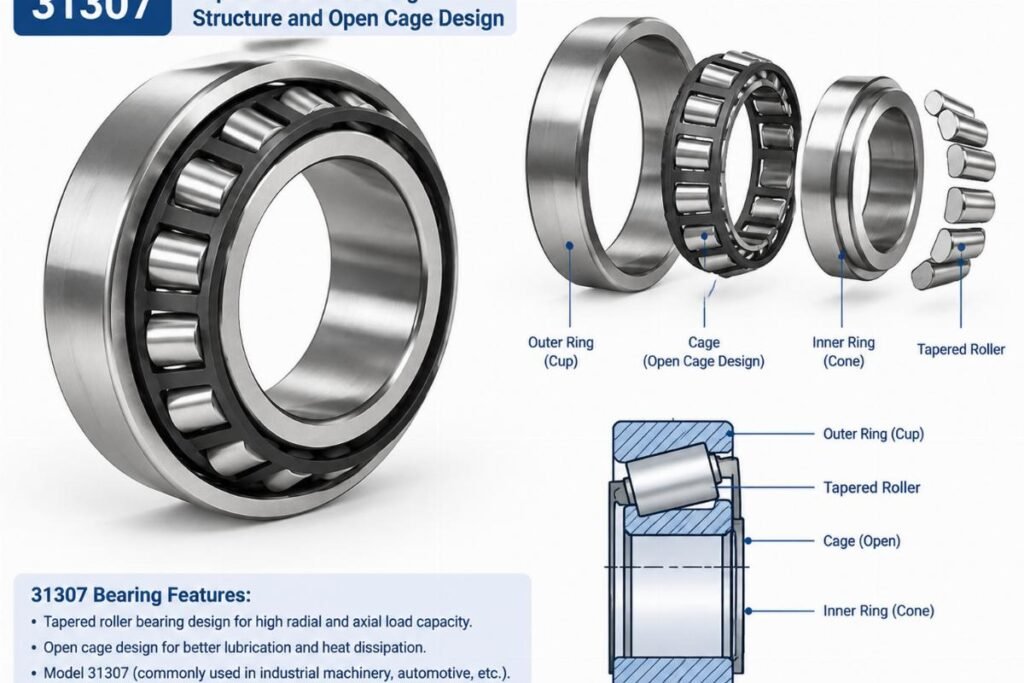 31307 tapered roller bearing structure and open cage design