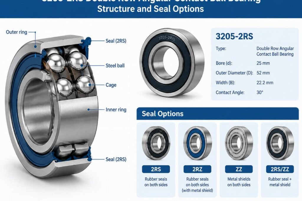 3205-2RS double row angular contact ball bearing structure and seal options