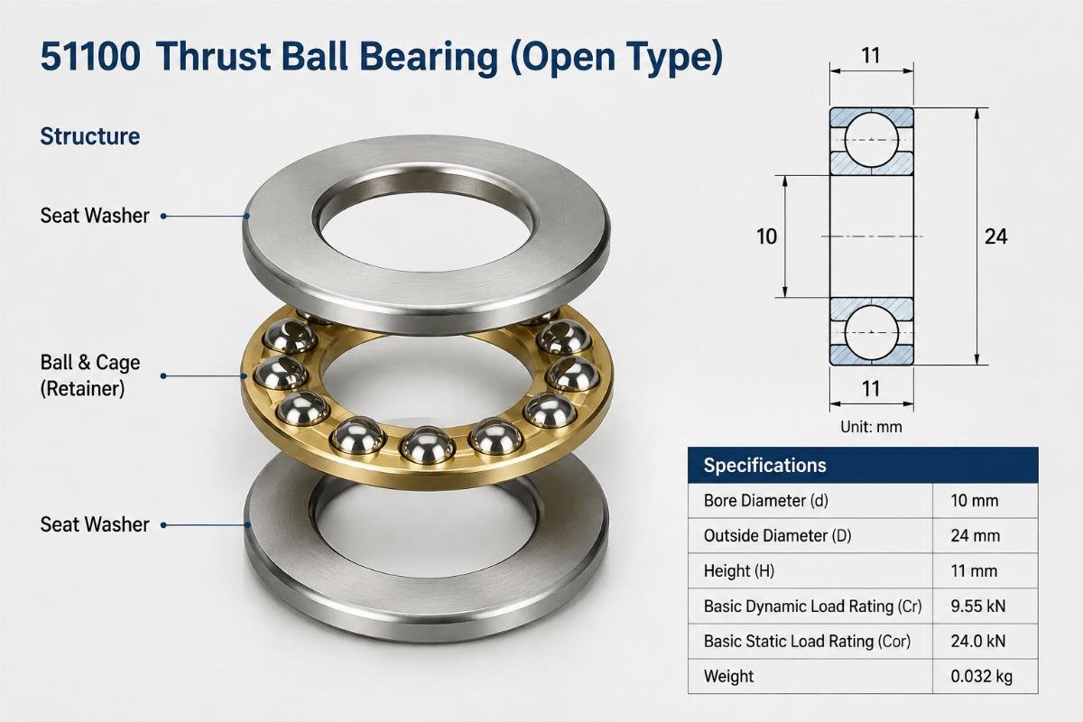 51100 thrust ball bearing open type structure