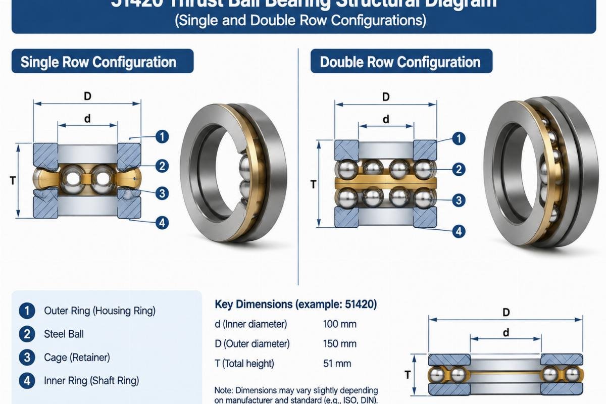51420 thrust ball bearing structural diagram showing single and double row configurations