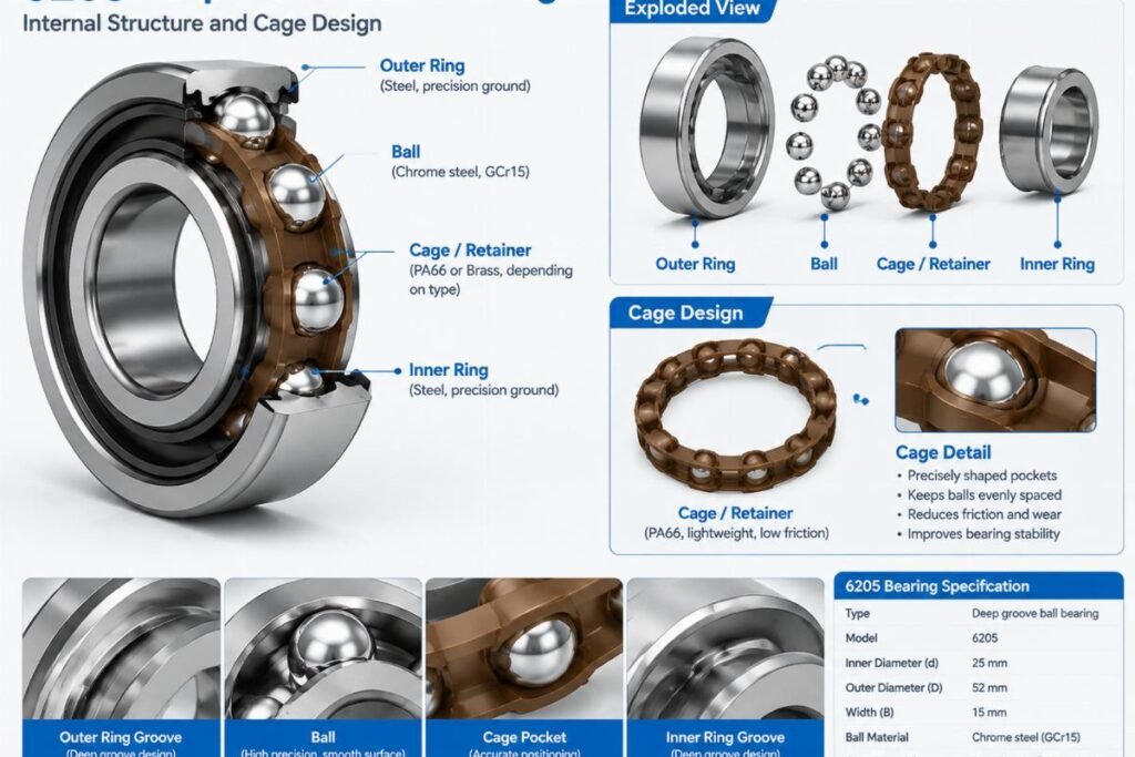 6205 deep groove ball bearing internal structure and cage design