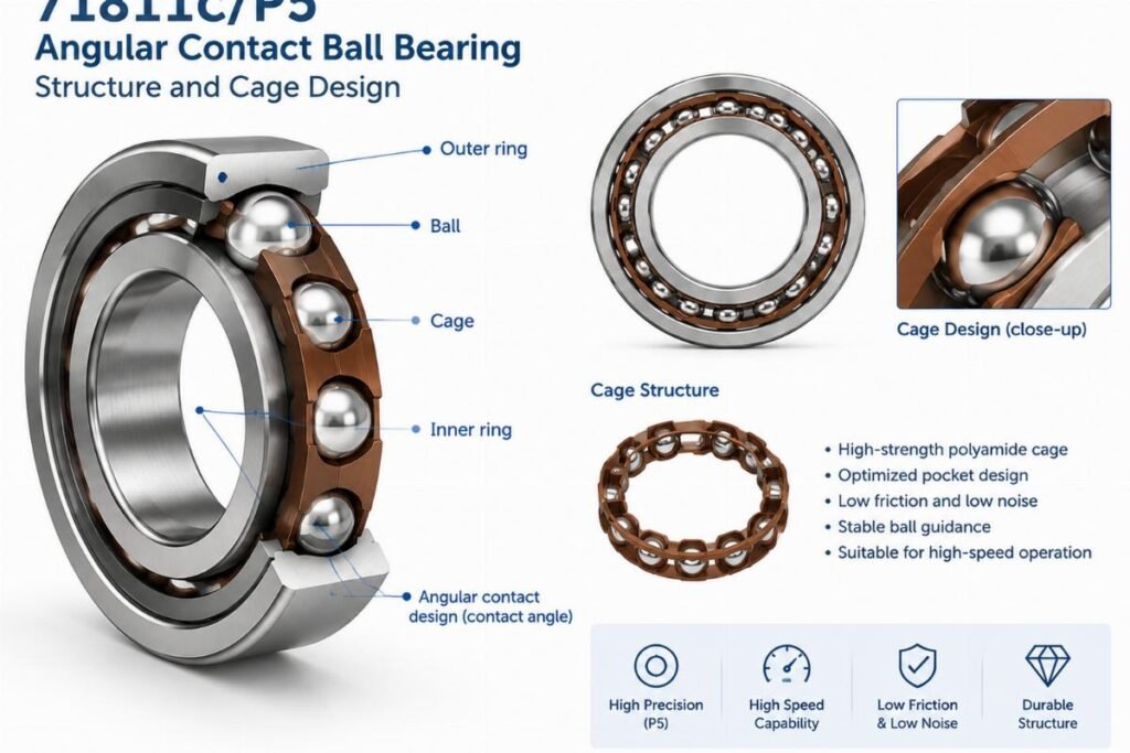 71811c/P5 angular contact ball bearing structure and cage design