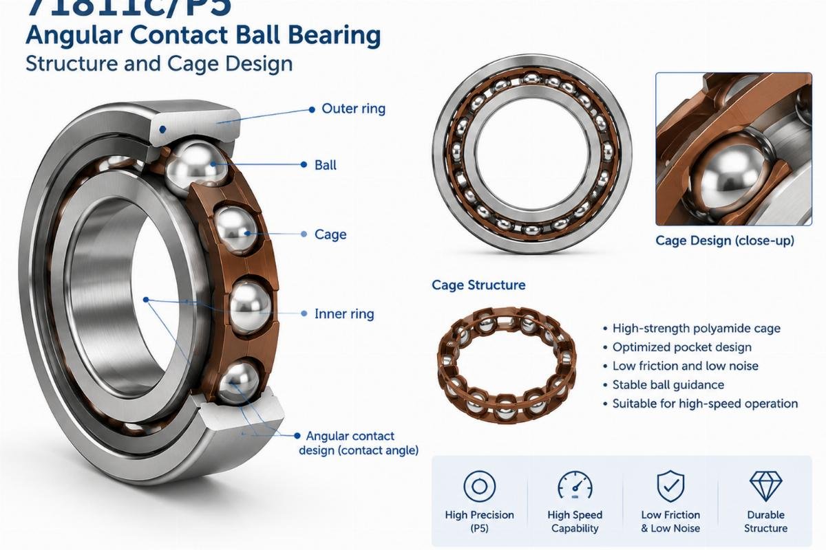 71811c/P5 angular contact ball bearing structure and cage design