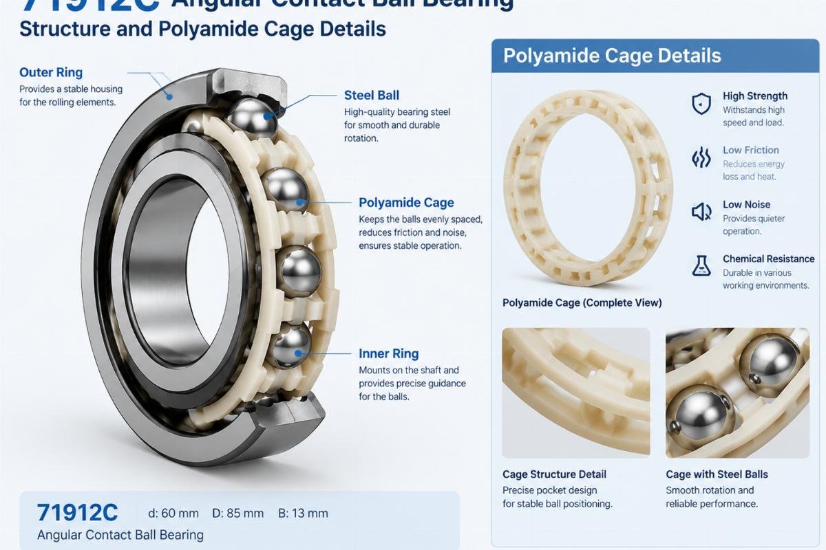 71912c angular contact ball bearing structure and polyamide cage details