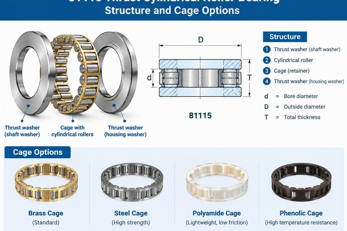 81115 thrust cylindrical roller bearing structure and cage options