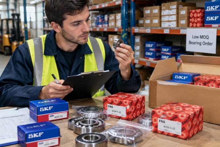 A warehouse worker inspecting a small batch of mixed brand bearings including SKF and FAG boxes for a low MOQ bearing order