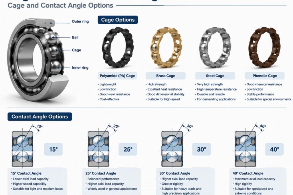 Angular contact ball bearing cage and contact angle options