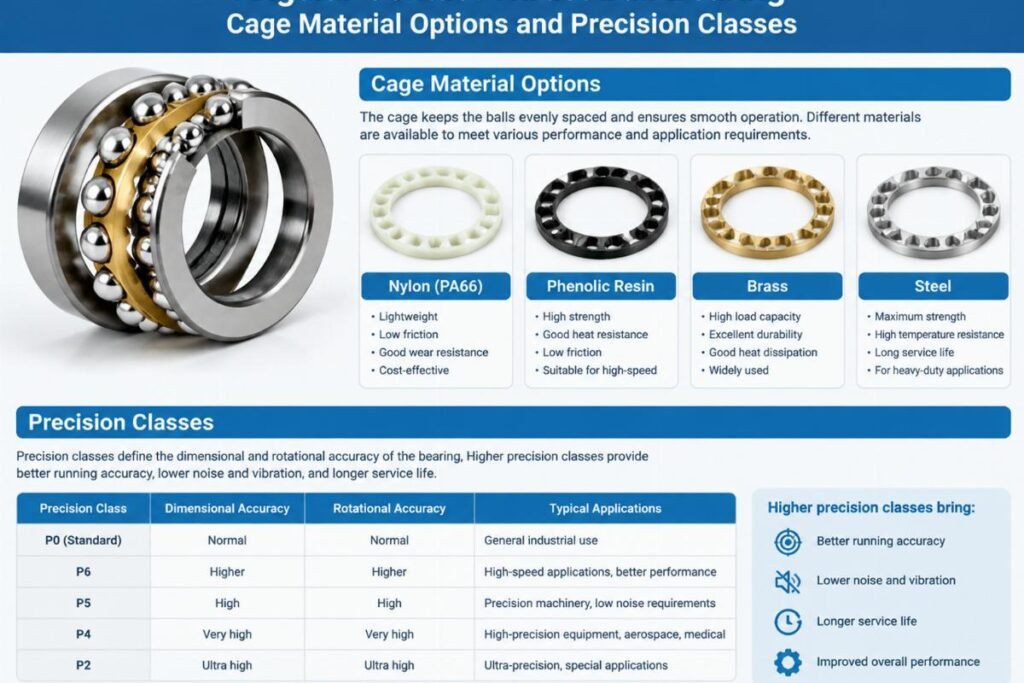 Angular contact thrust ball bearing cage material options and precision classes