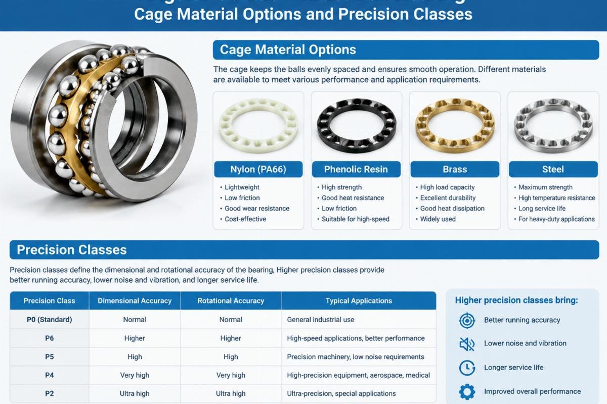 Angular contact thrust ball bearing cage material options and precision classes