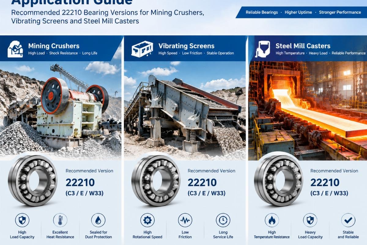 Application guide showing recommended 22210 bearing versions for mining crushers, vibrating screens, and steel mill casters