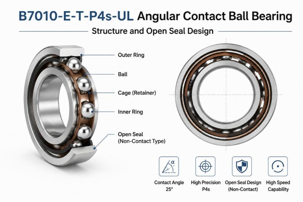 B7010-E-T-P4s-UL angular contact ball bearing structure and open seal design