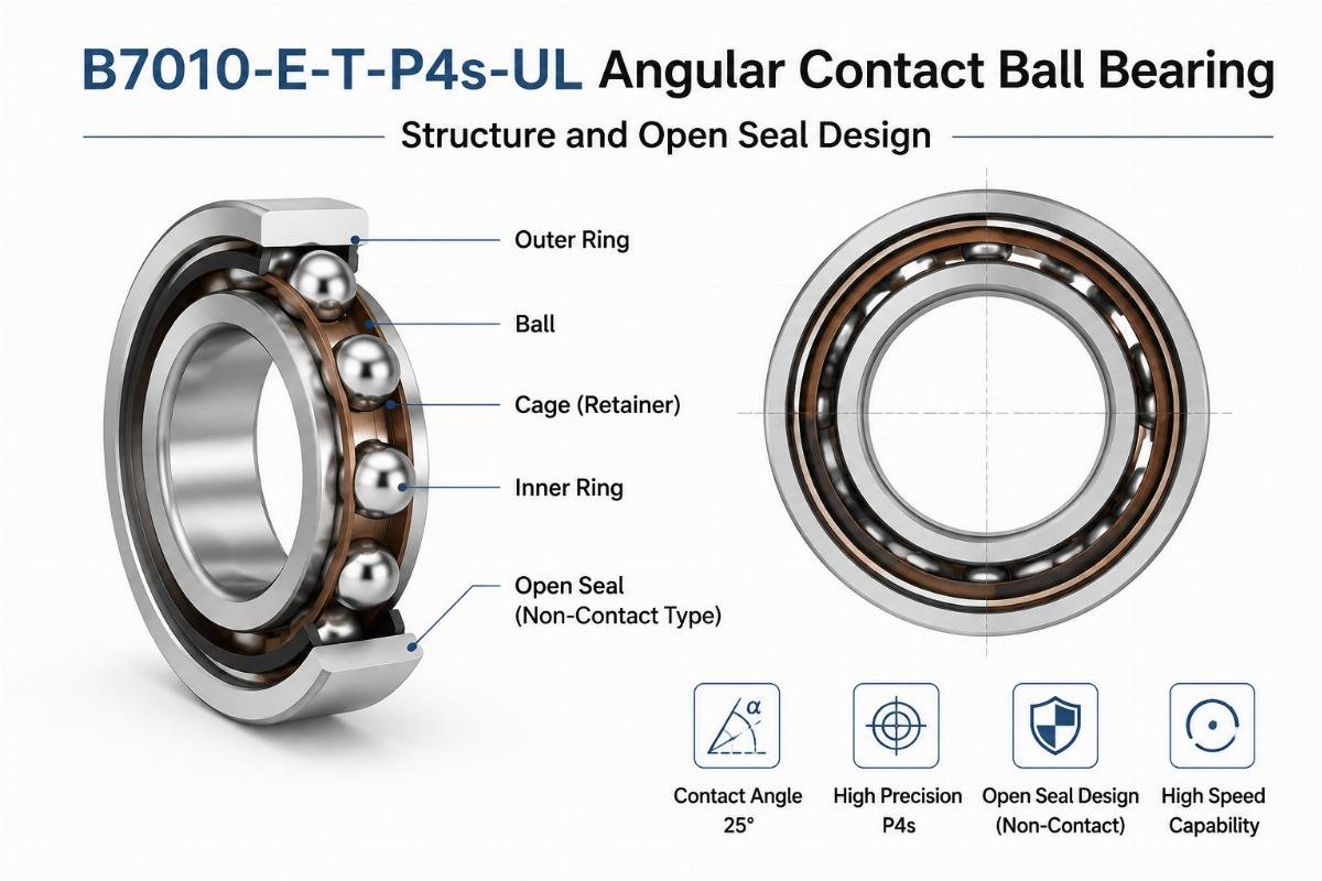 B7010-E-T-P4s-UL angular contact ball bearing structure and open seal design