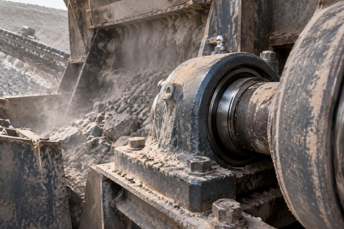 Bearing installed in a heavy-duty mining crusher under dusty conditions