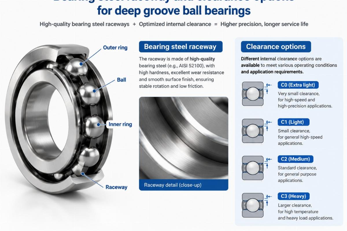 Bearing steel raceway and clearance options for deep groove ball bearings