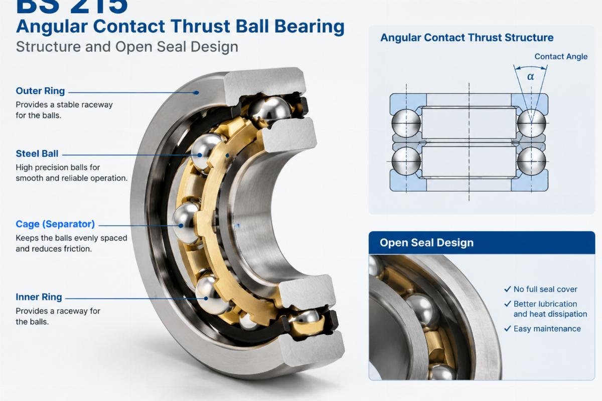 BS 215 angular contact thrust ball bearing structure and open seal design