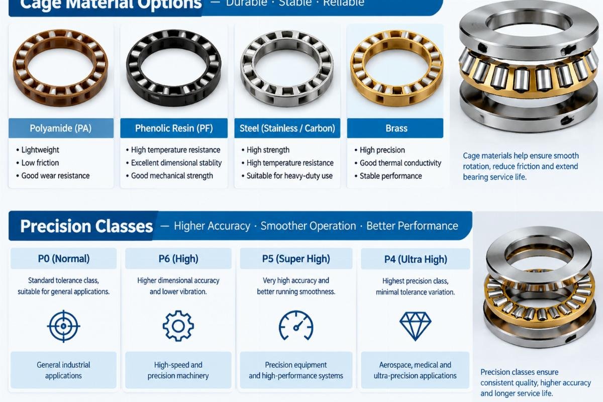 Cage material options and precision classes for thrust bearings