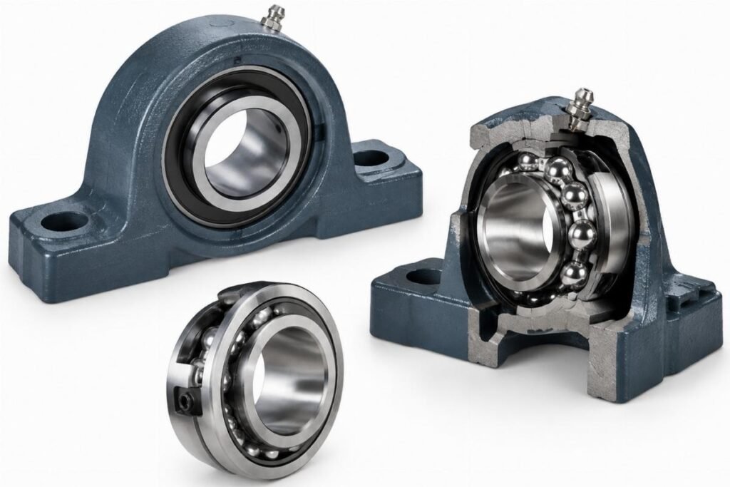 Cast iron P-block housing with deep groove insert bearing internals