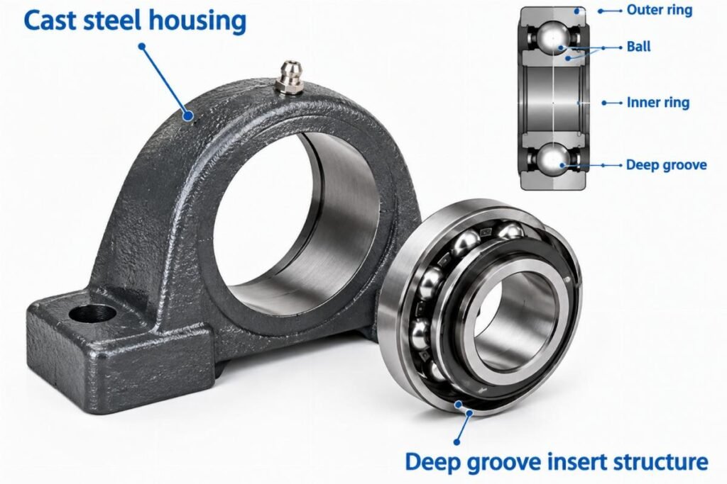 Cast steel housing and deep groove insert structure