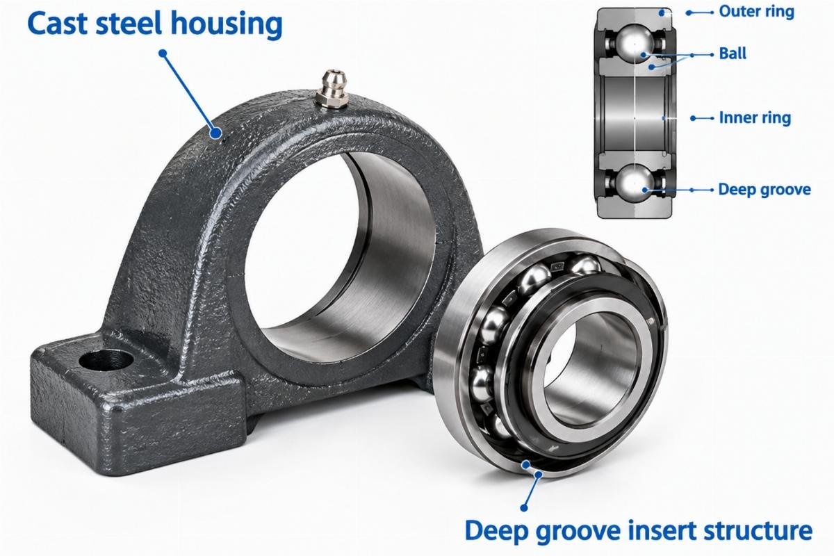 Cast steel housing and deep groove insert structure