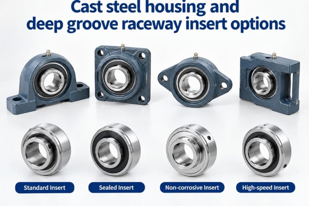 Cast steel housing and deep groove raceway insert options