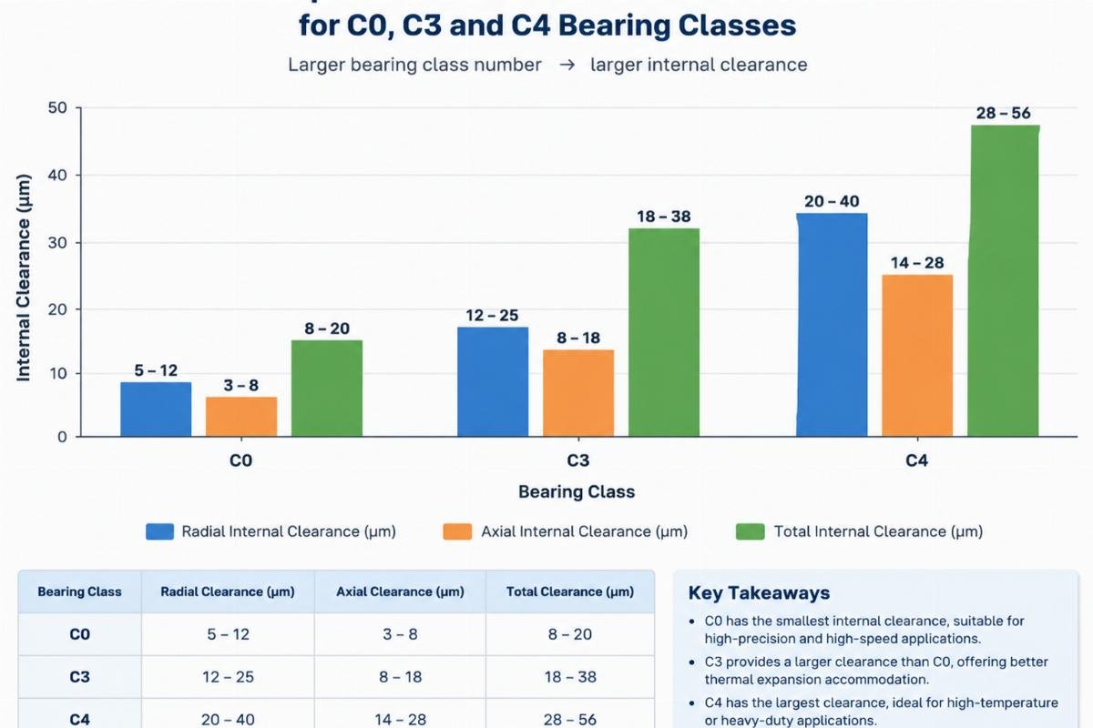 Chart comparing internal clearance values for C0, C3, and C4 bearing classes