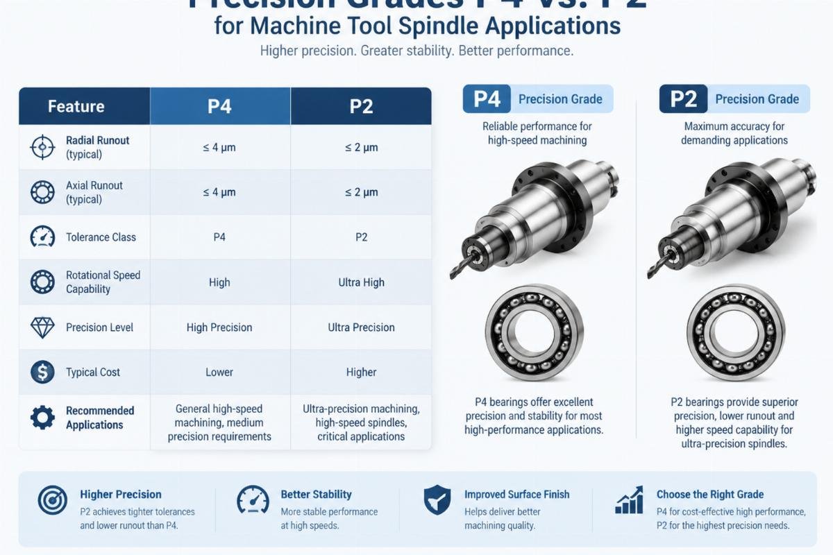 Chart comparing precision grades P4 and P2 for machine tool spindle applications