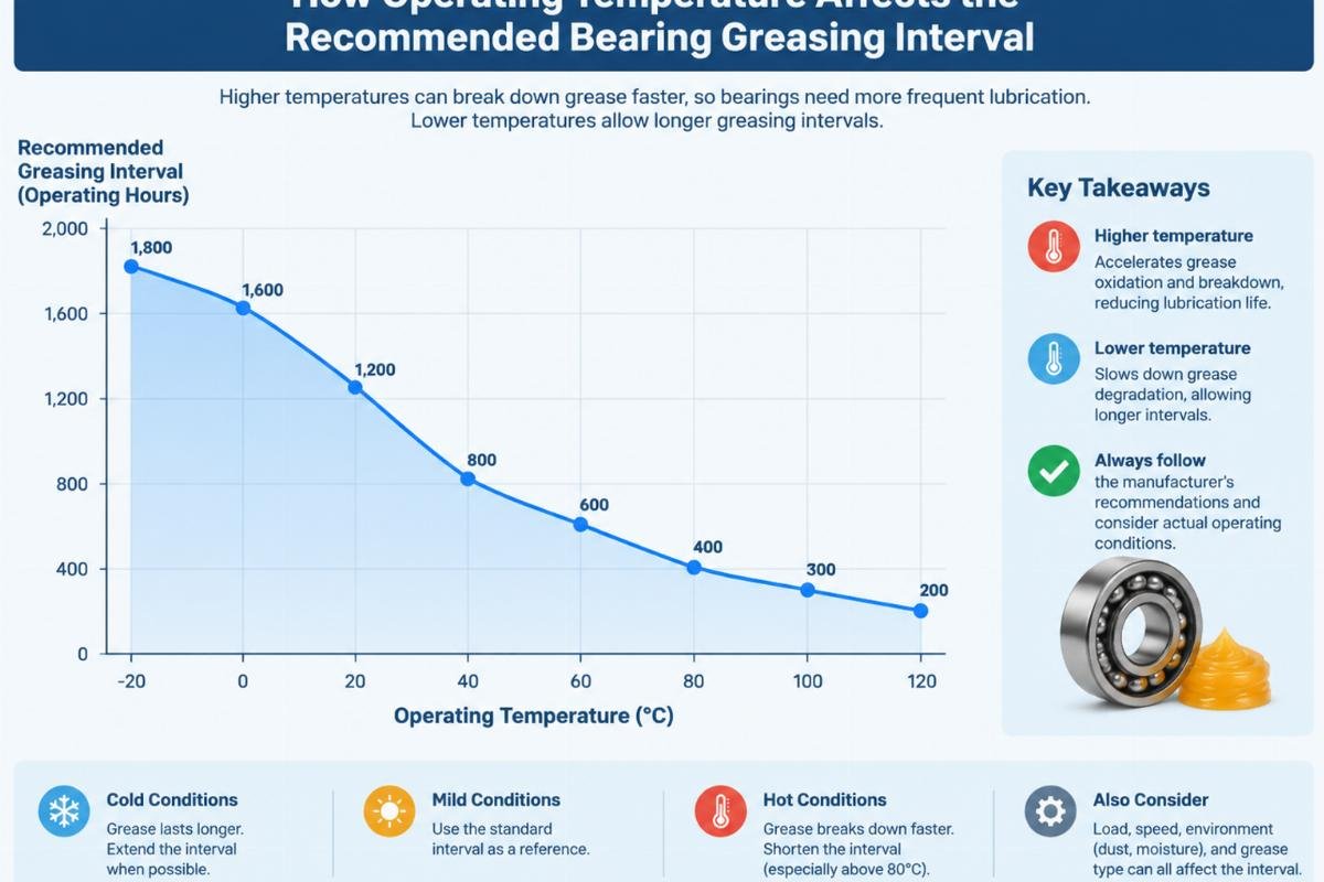 Chart illustrating how operating temperature affects the recommended bearing greasing interval