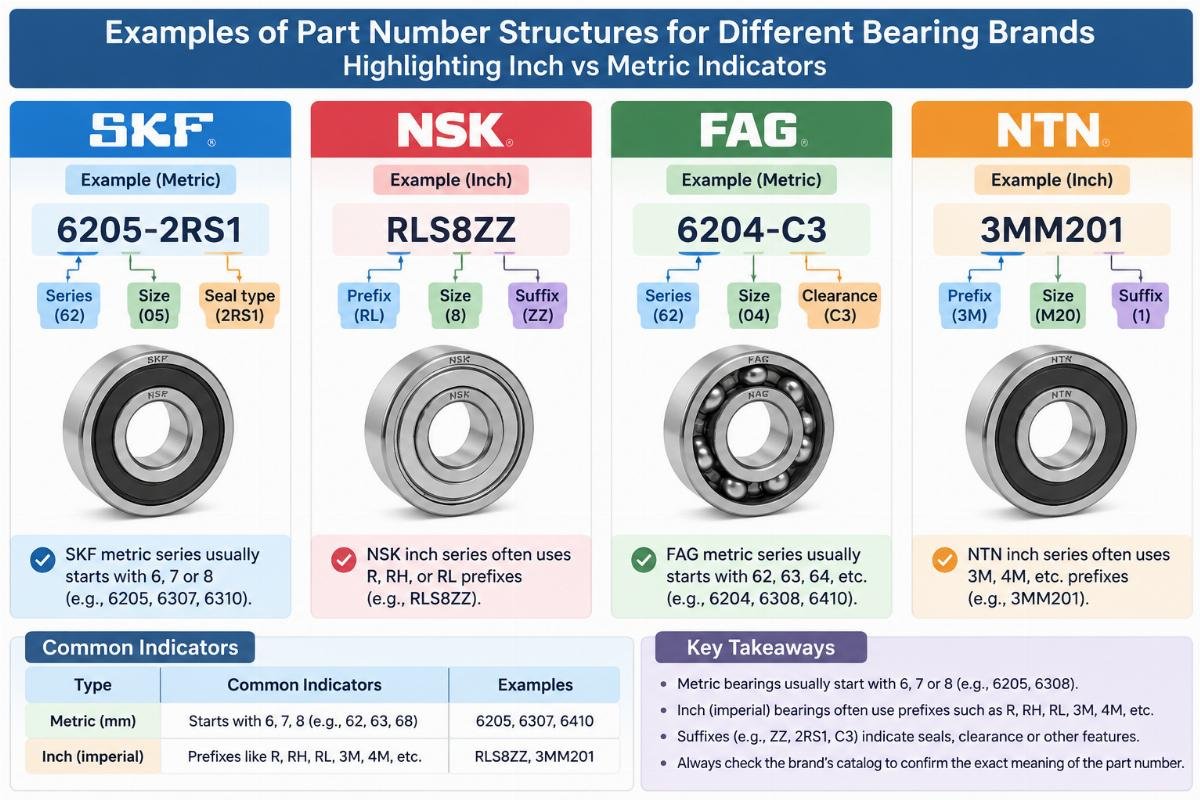 Chart showing examples of part number structures for different bearing brands highlighting inch vs metric indicators