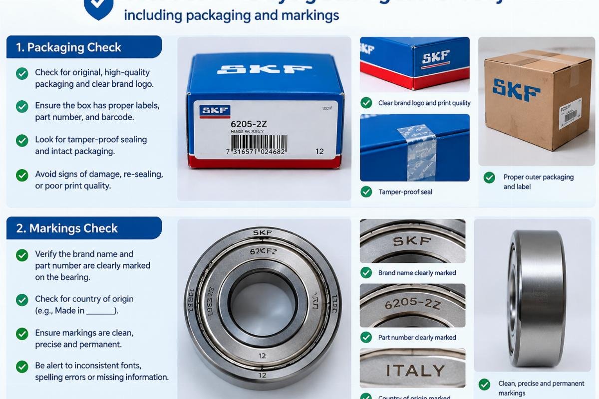 Checklist for verifying bearing authenticity including packaging and markings
