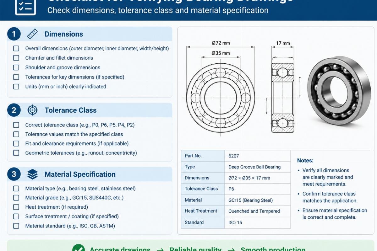 Checklist graphic for verifying bearing drawings including dimensions, tolerance class, and material specification