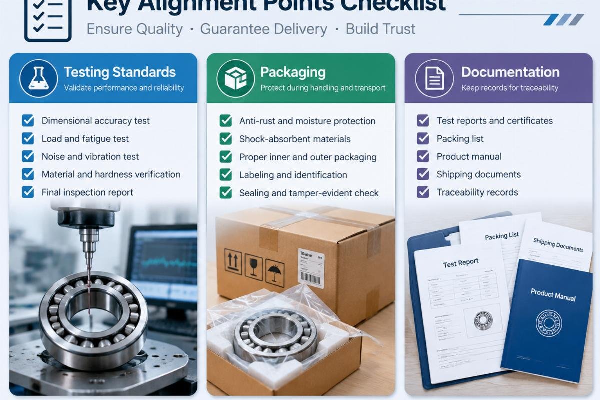 Checklist graphic highlighting key alignment points: testing standards, packaging, and documentation