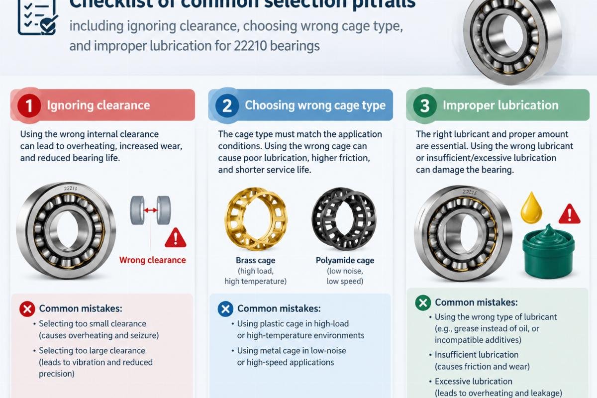 Checklist of common selection pitfalls including ignoring clearance, choosing wrong cage type, and improper lubrication for 22210 bearings