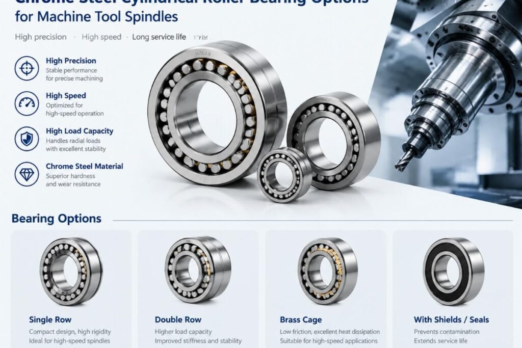 Chrome steel cylindrical roller bearing options for machine tool spindles