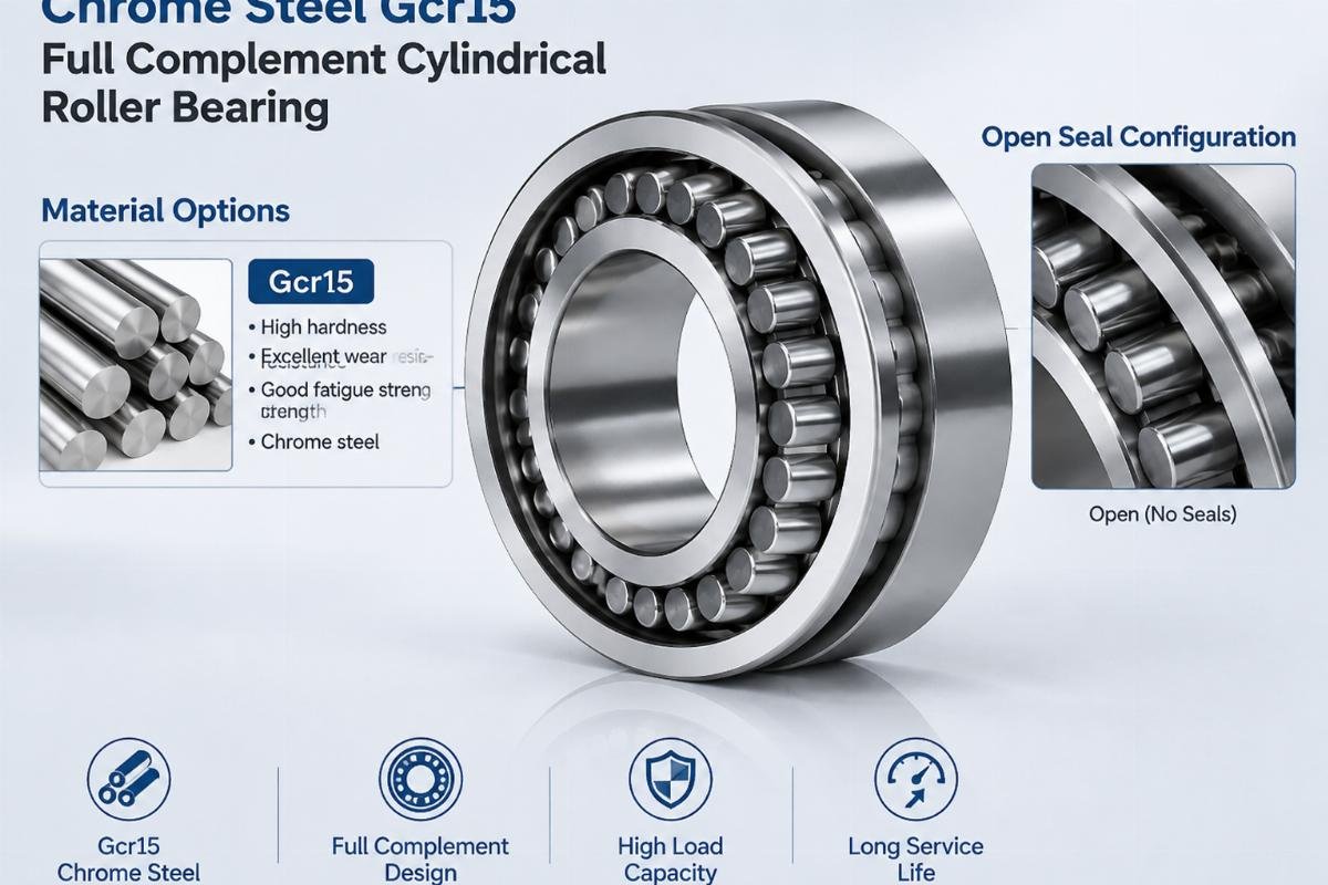 Chrome steel Gcr15 full complement cylindrical roller bearing material options and open seal configuration