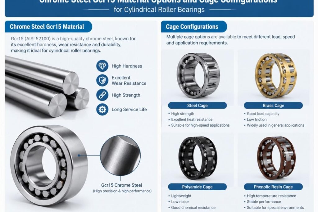 Chrome Steel Gcr15 material options and cage configurations for cylindrical roller bearings