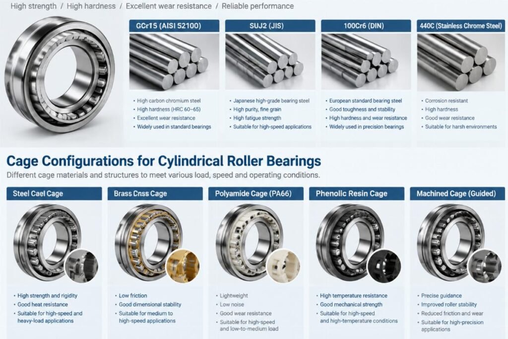 Chrome steel material options and cage configurations for cylindrical roller bearings