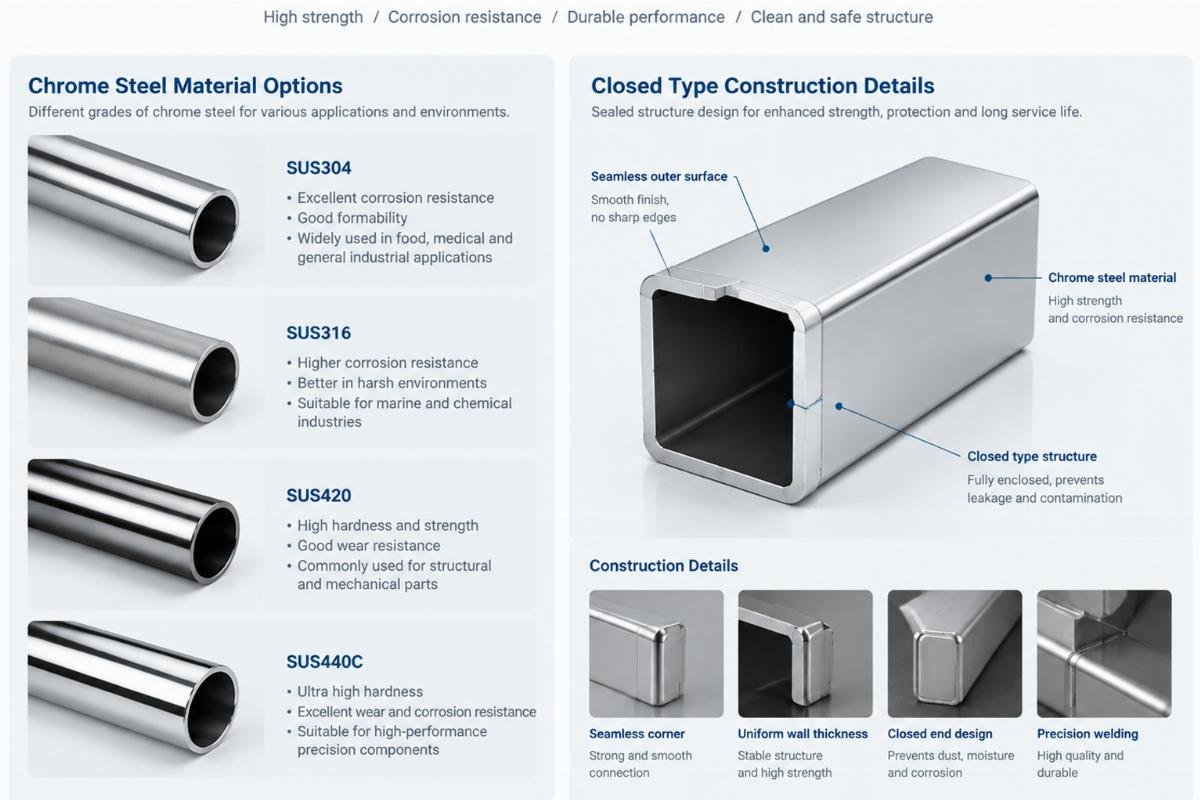 Chrome steel material options and closed type construction details