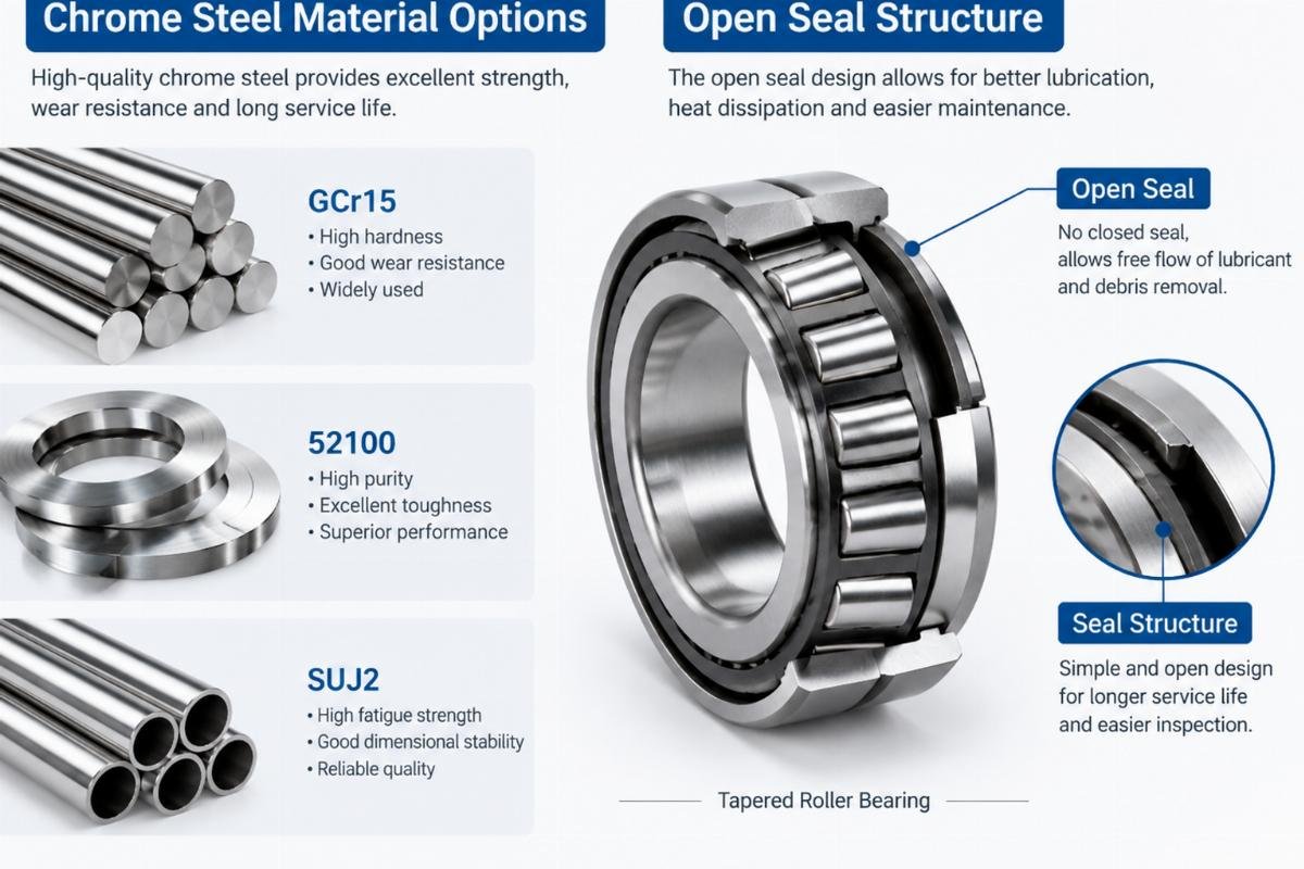 Chrome steel material options and open seal structure for tapered roller bearings