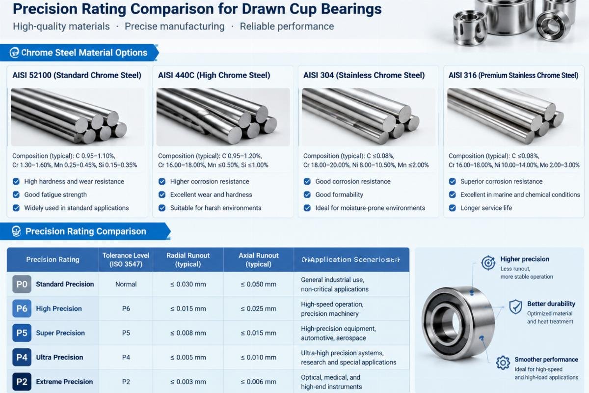 Chrome steel material options and precision rating comparison for drawn cup bearings