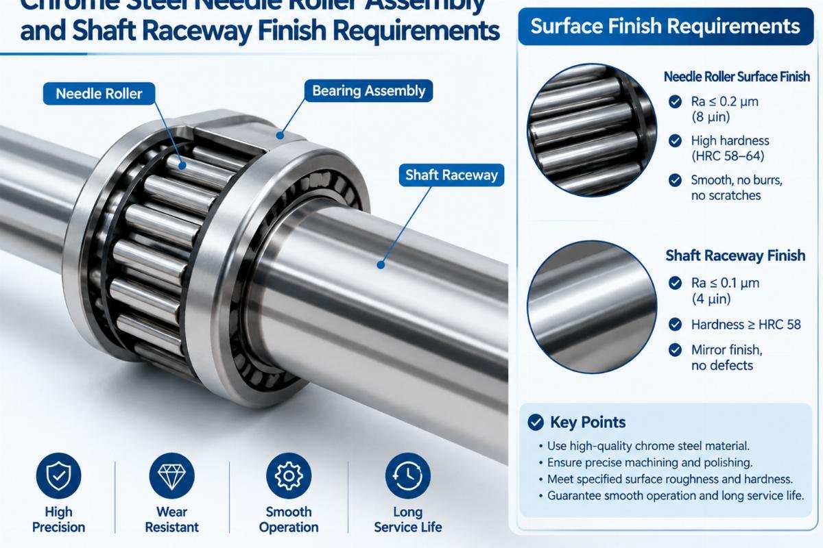 Chrome steel needle roller assembly and shaft raceway finish requirements