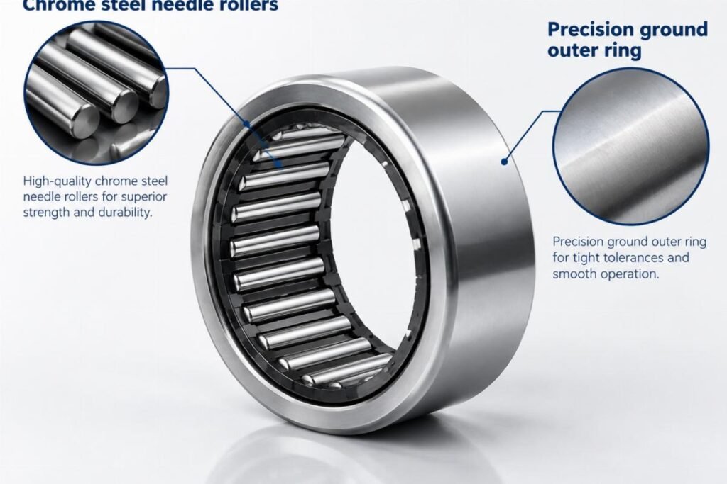 Chrome steel needle rollers and precision ground outer ring