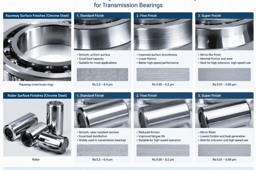 Chrome steel raceway and roller surface finish options for transmission bearings