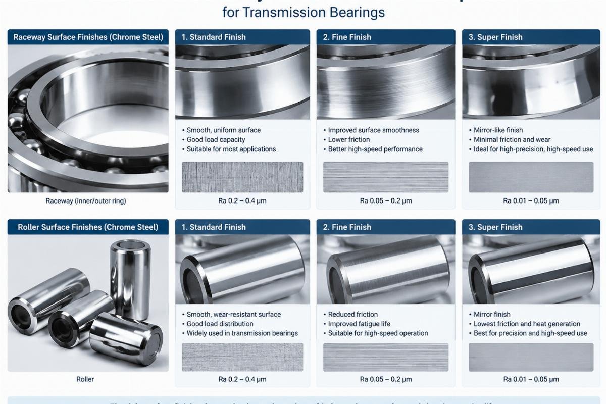 Chrome steel raceway and roller surface finish options for transmission bearings