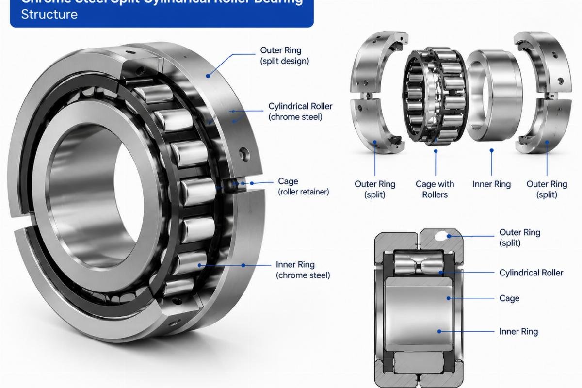 Chrome steel split cylindrical roller bearing structure