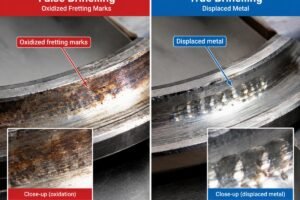 Close-up comparison of bearing raceway showing oxidized fretting marks from false brinelling versus displaced metal from true brinelling
