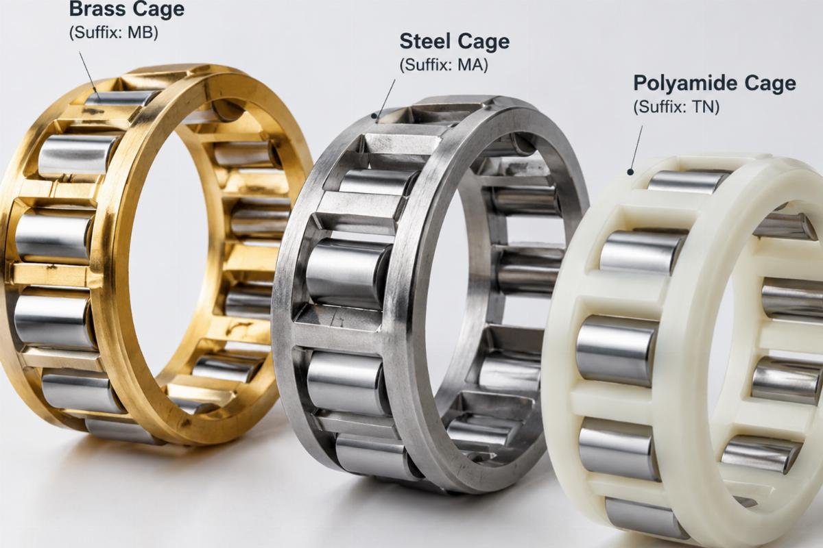 Close-up image of different bearing cage materials including brass, steel, and polyamide with their respective suffix labels