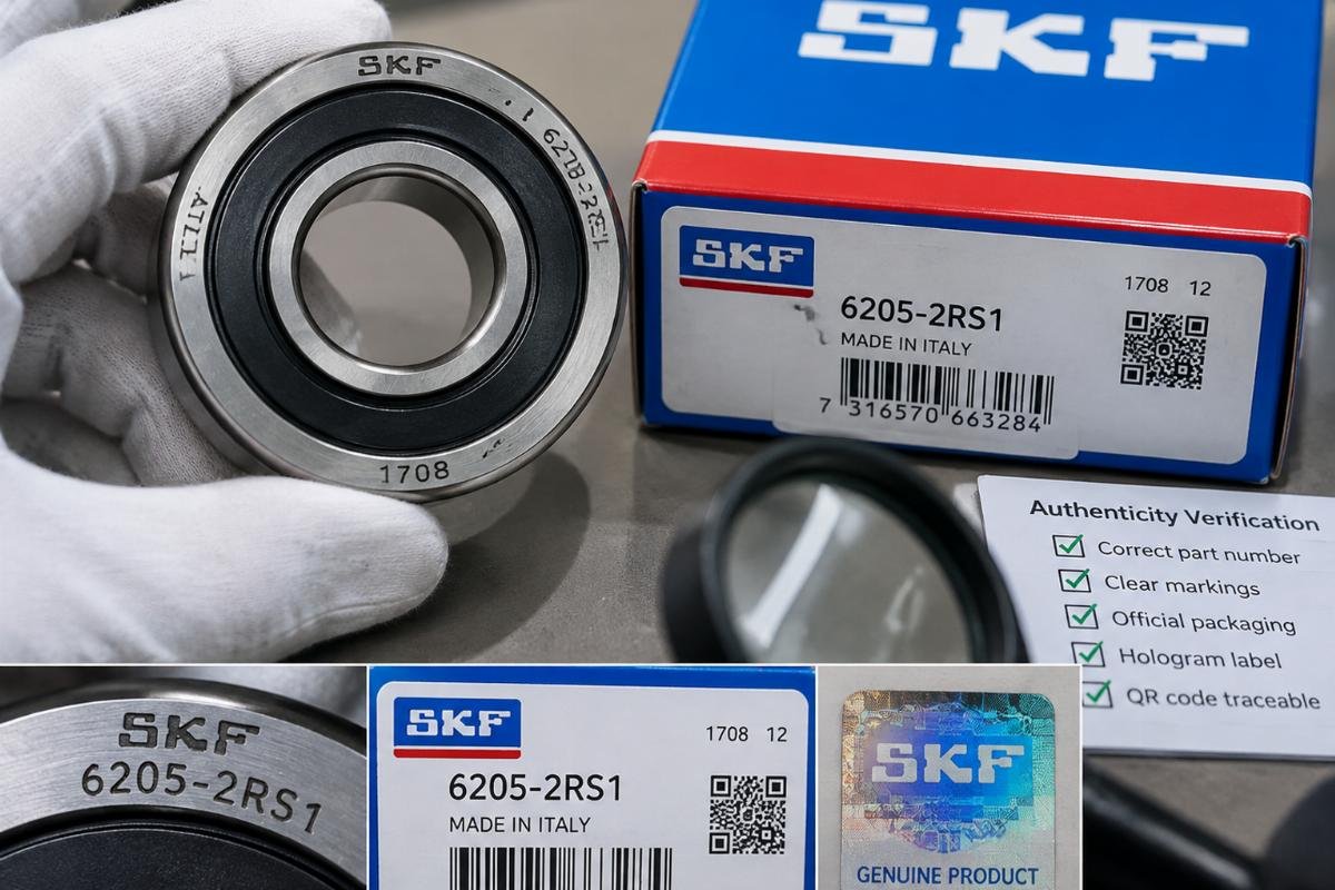 Close-up inspection of bearing markings and packaging to verify authenticity